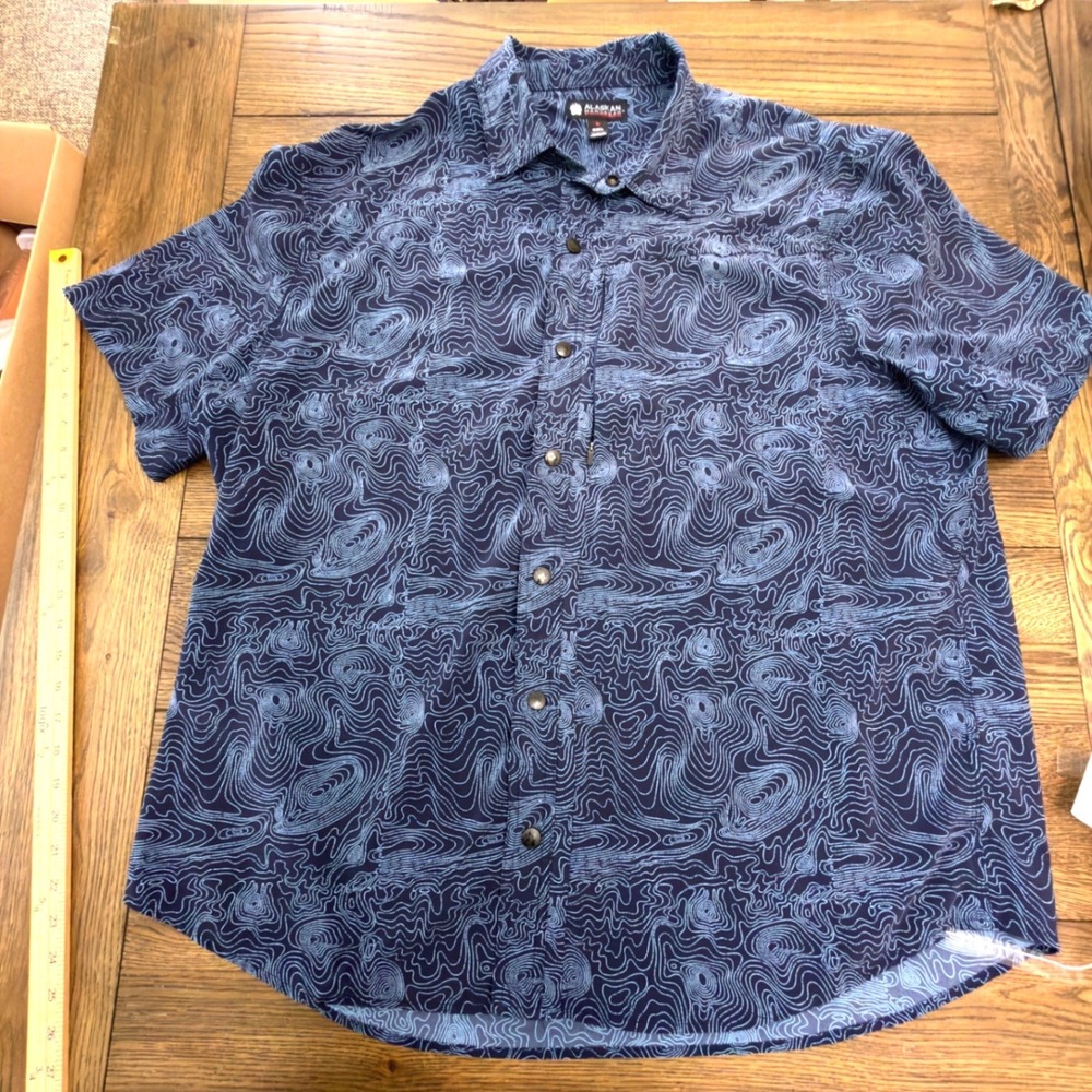 Alaskan Hardgear Duluth Mens 2XL Blue Topographic Print Short Sleeve Snap Shirt